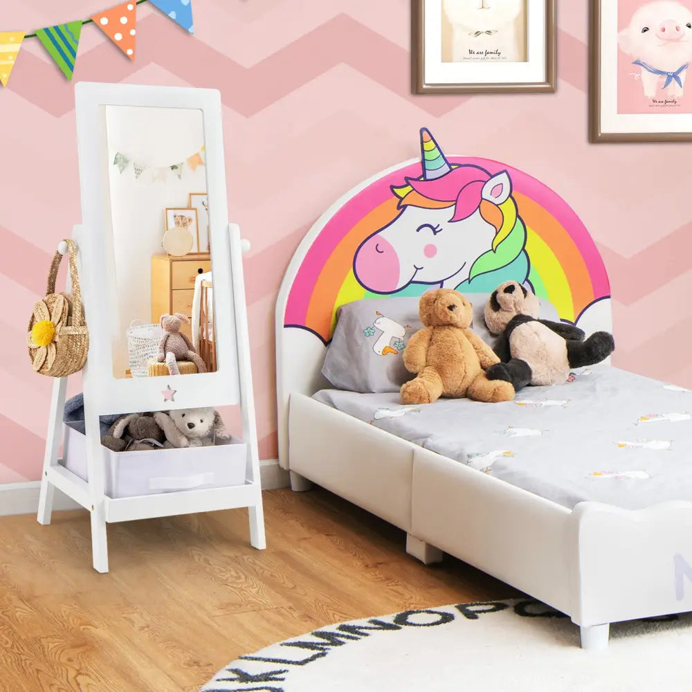 Kids Full Length Mirror 360 Degree Rotatable Dressing Mirror with Storage Bin-White - White - Kids Vanities