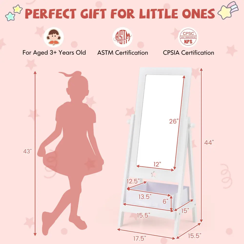Kids Full Length Mirror 360 Degree Rotatable Dressing Mirror with Storage Bin-White - White - Kids Vanities