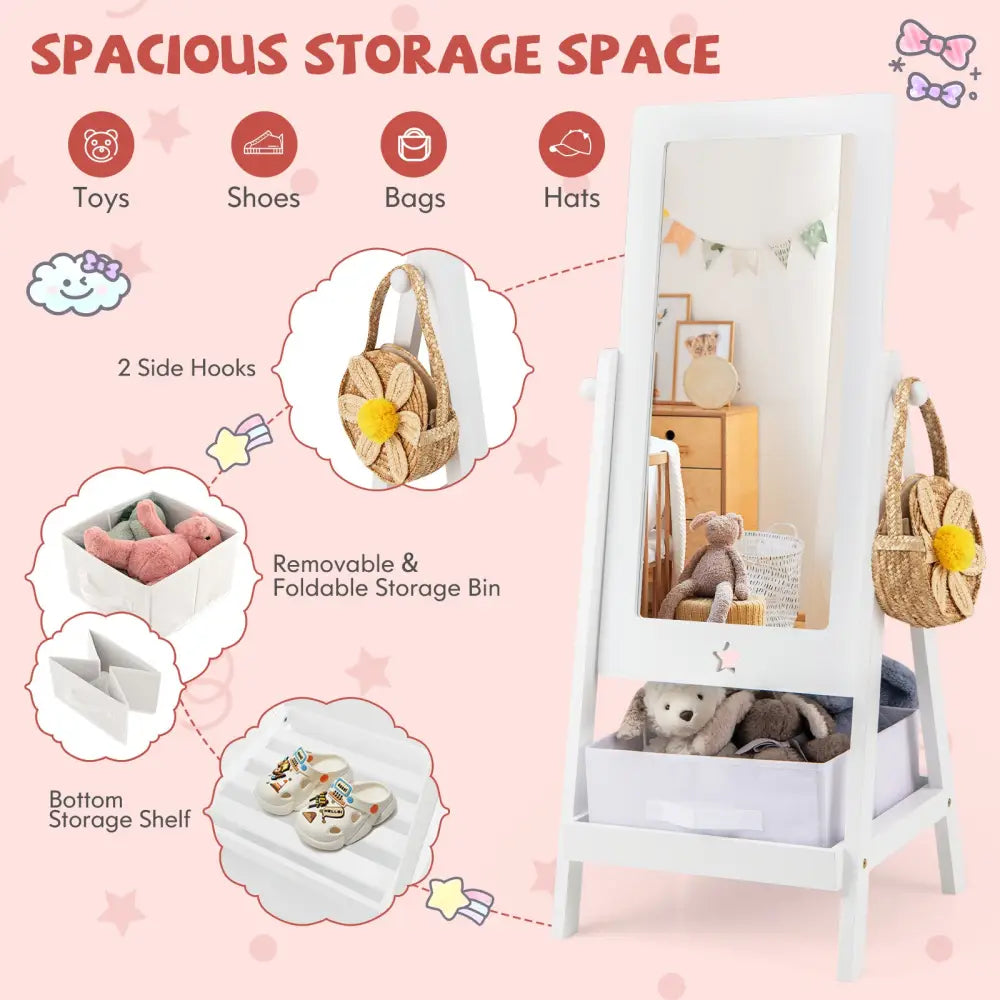 Kids Full Length Mirror 360 Degree Rotatable Dressing Mirror with Storage Bin-White - White - Kids Vanities