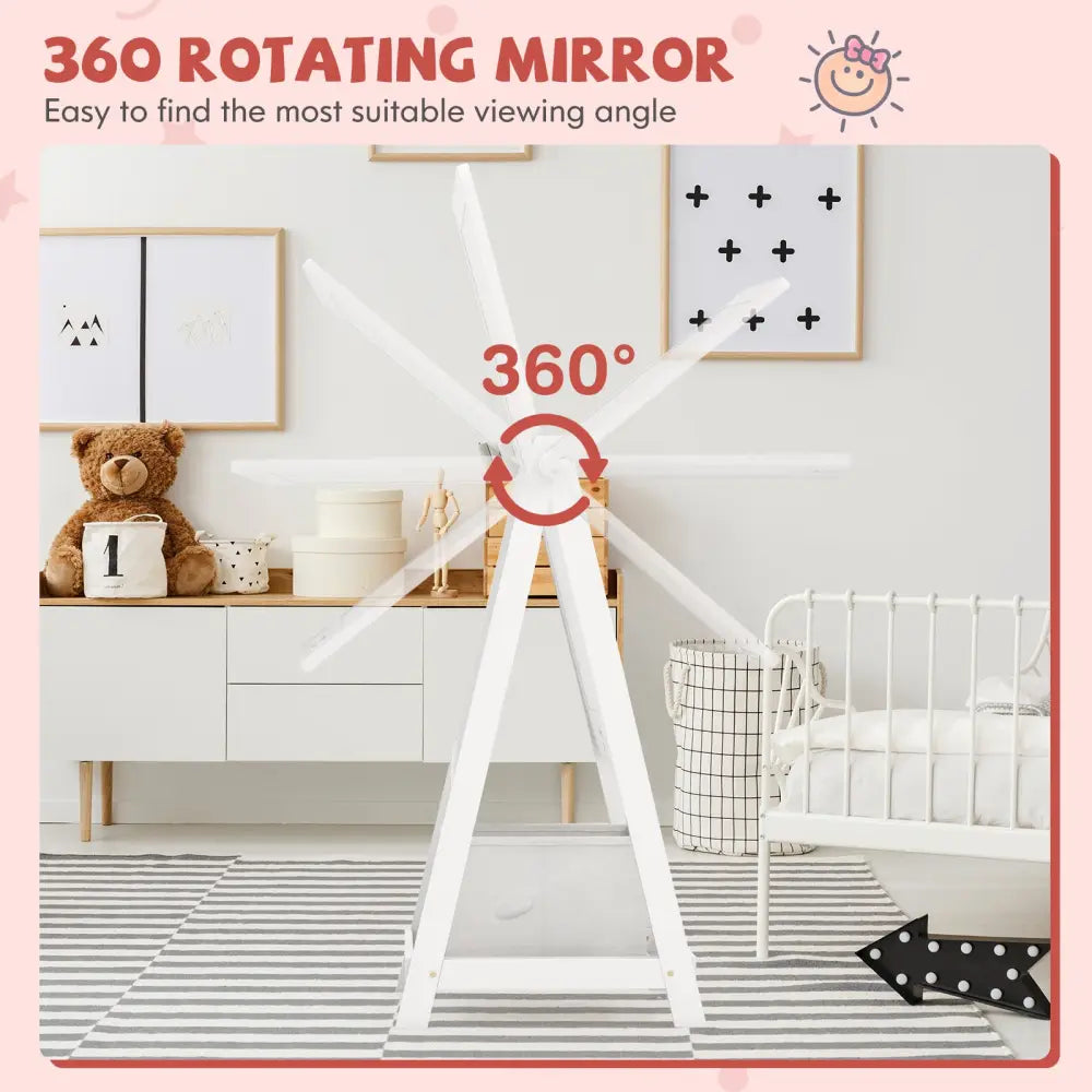 Kids Full Length Mirror 360 Degree Rotatable Dressing Mirror with Storage Bin-White - White - Kids Vanities