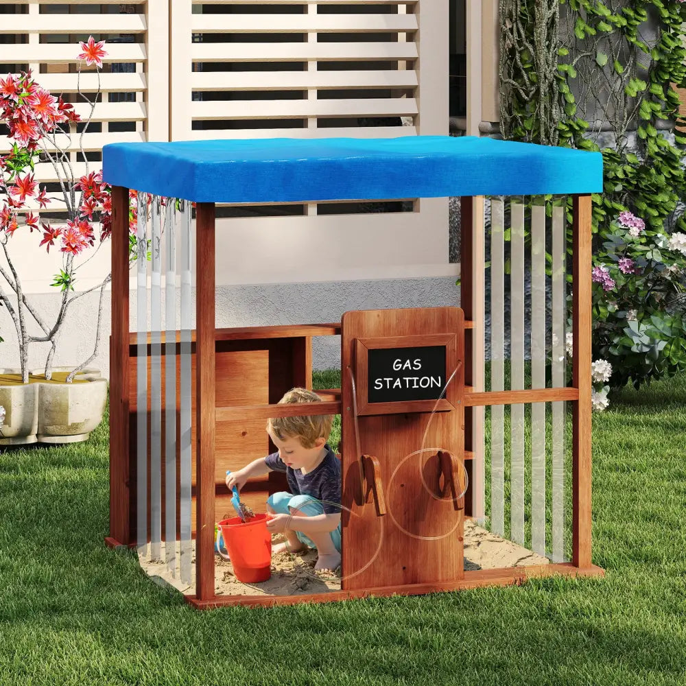 Kids Gas Station Playhouse with Gas Refueling Guns for Aged 3+-Brown - Brown - Play Tents & Playhouse