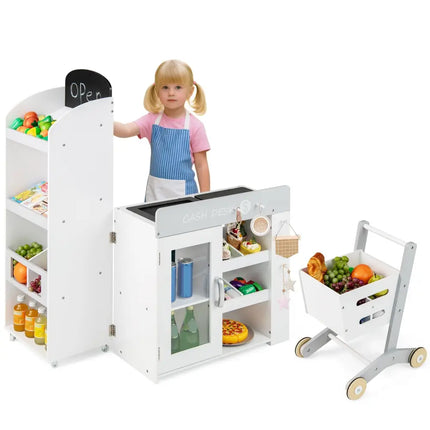 Kids Grocery Store Playset Convertible Wooden Play Store with Shopping Cart-White - White - Play Kitchen Sets
