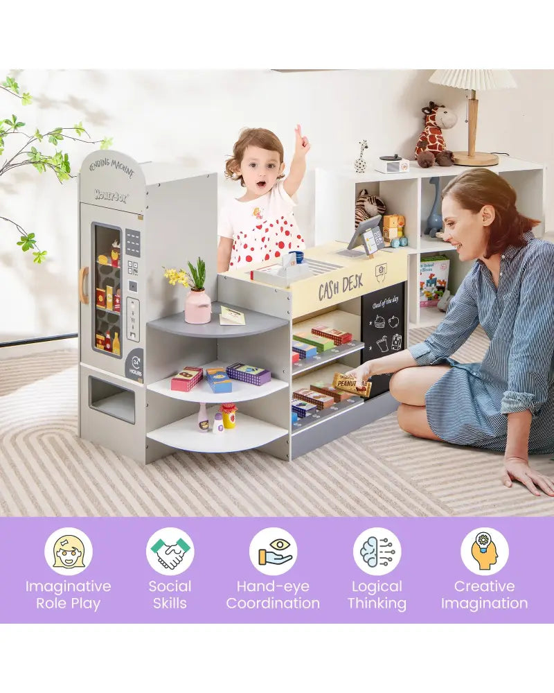 Kids Grocery Store Playset with Cash Register POS Machine-Gray - Gray - Play Kitchen Sets