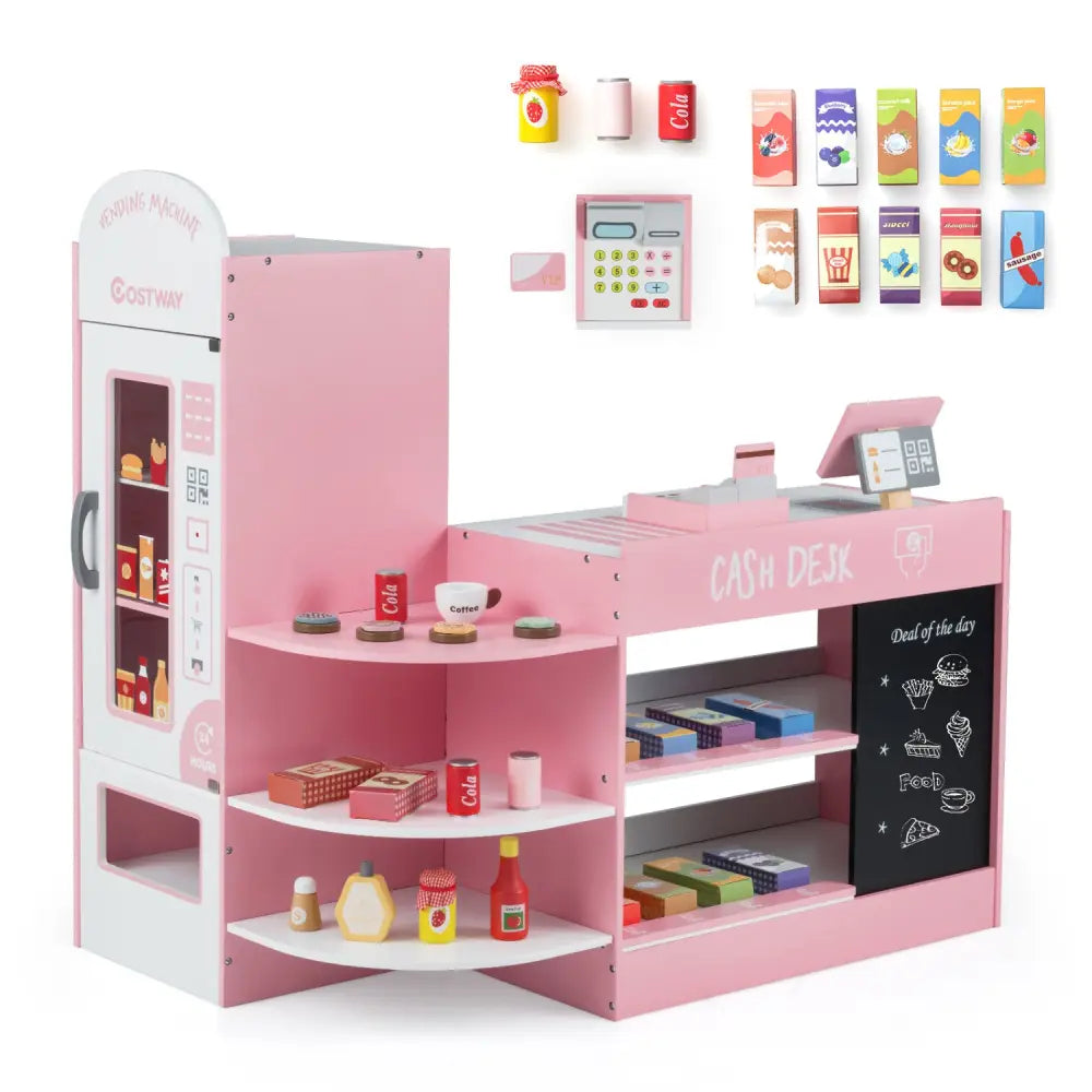 Kids Grocery Store Playset with Cash Register POS Machine-Pink - Pink - Play Kitchen Sets