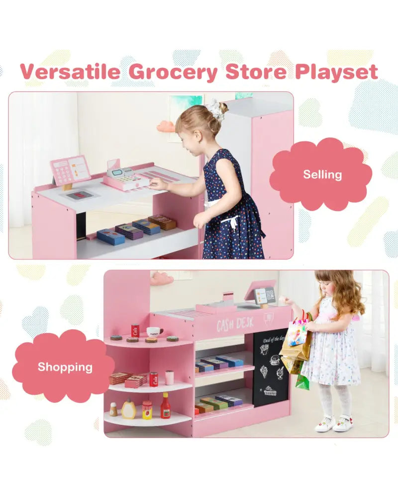 Kids Grocery Store Playset with Cash Register POS Machine-Pink - Pink - Play Kitchen Sets