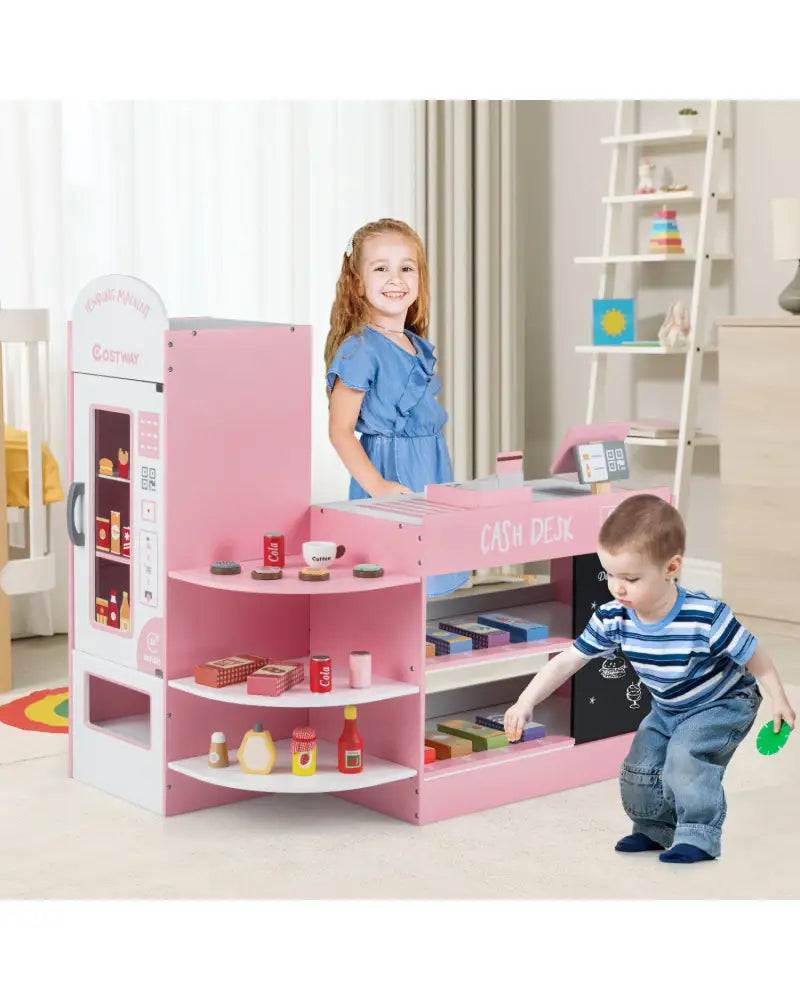 Kids Grocery Store Playset with Cash Register POS Machine-Pink - Pink - Play Kitchen Sets