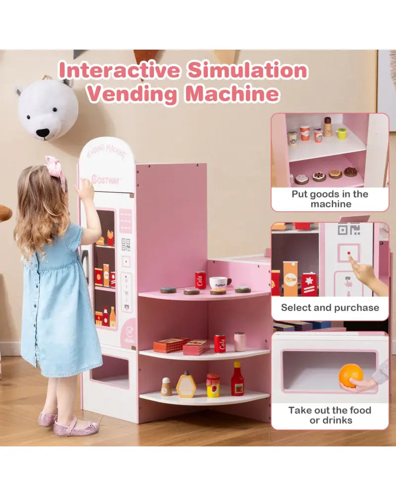 Kids Grocery Store Playset with Cash Register POS Machine-Pink - Pink - Play Kitchen Sets