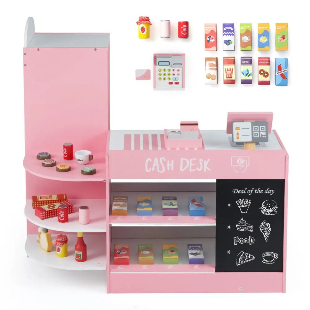 Kids Grocery Store Playset with Cash Register POS Machine-Pink - Pink - Play Kitchen Sets
