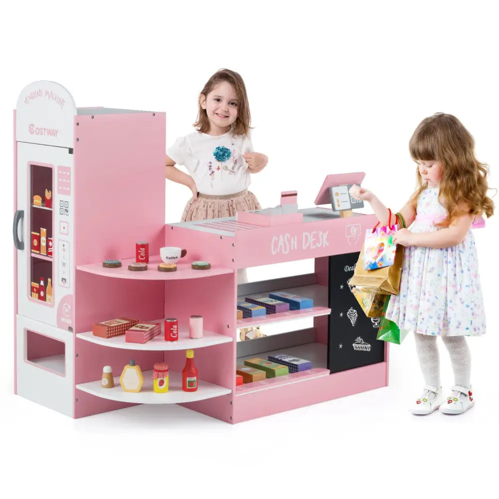 Kids Grocery Store Playset with Cash Register POS Machine-Pink - Pink - Play Kitchen Sets