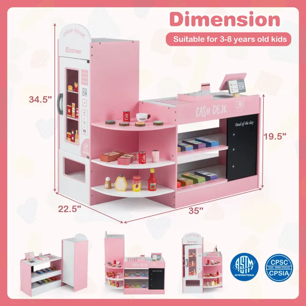 Kids Grocery Store Playset with Cash Register POS Machine-Pink - Pink - Play Kitchen Sets