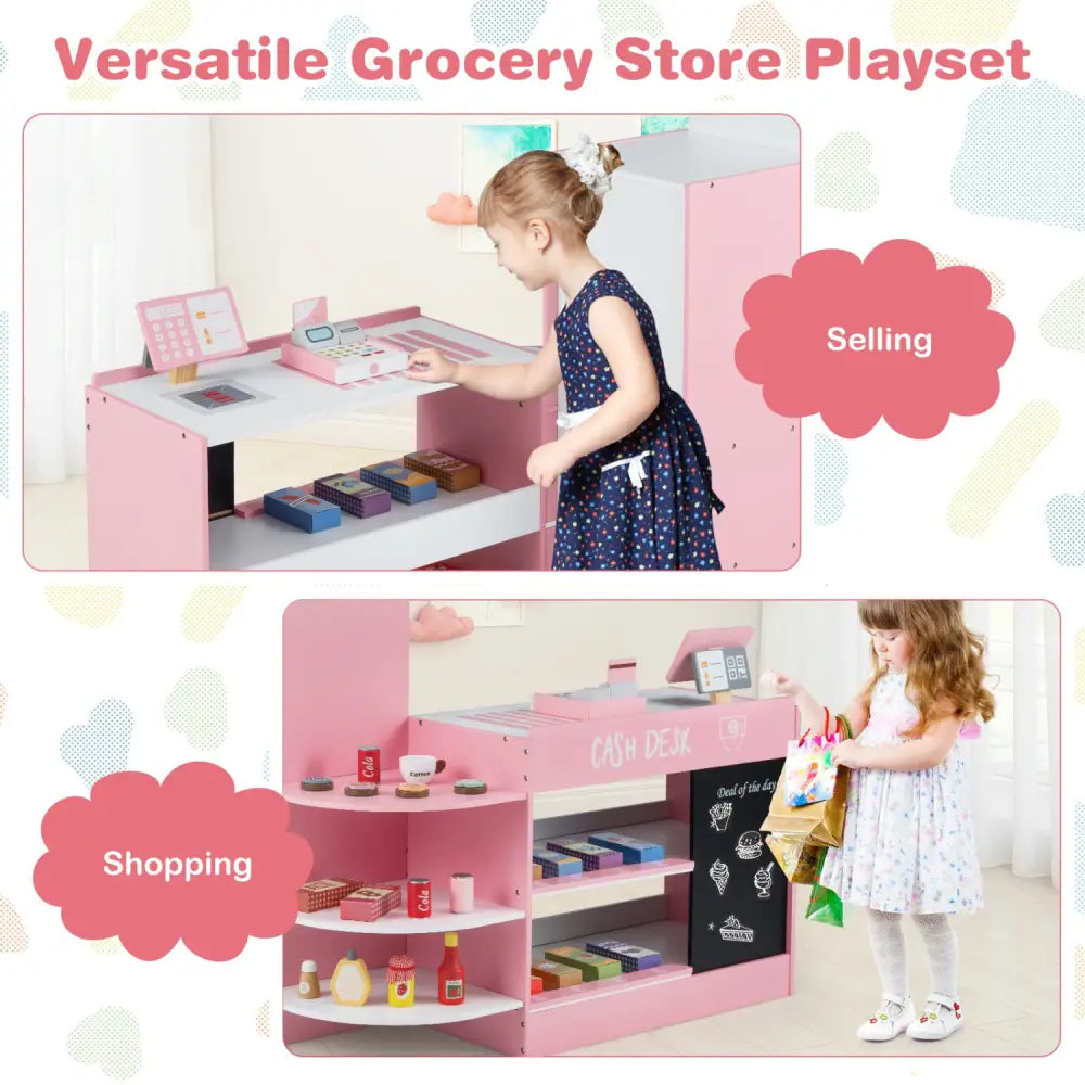 Kids Grocery Store Playset with Cash Register POS Machine-Pink - Pink - Play Kitchen Sets