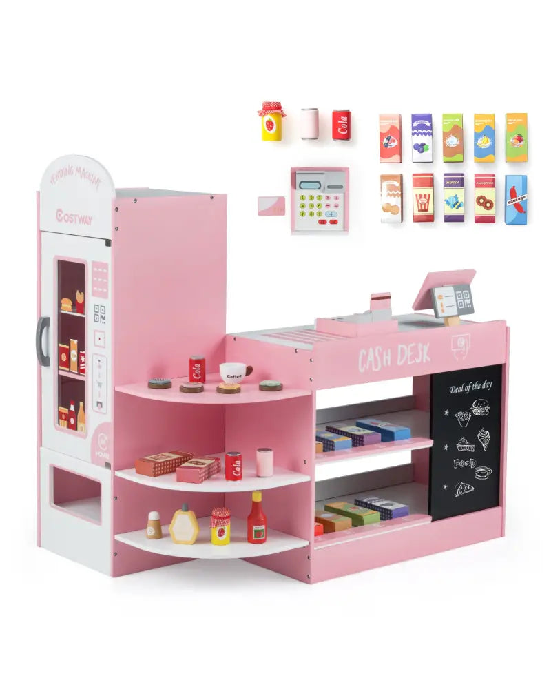 Kids Grocery Store Playset with Cash Register POS Machine-Pink - Pink - Play Kitchen Sets