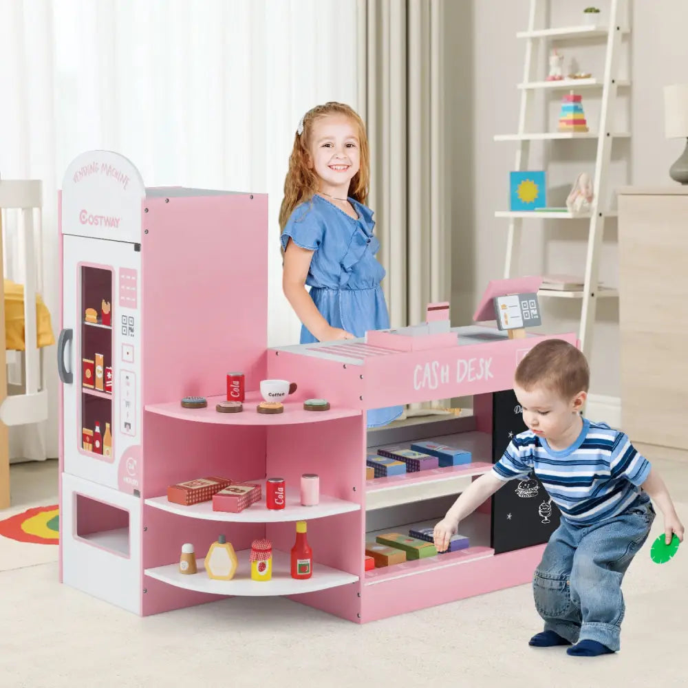 Kids Grocery Store Playset with Cash Register POS Machine-Pink - Pink - Play Kitchen Sets