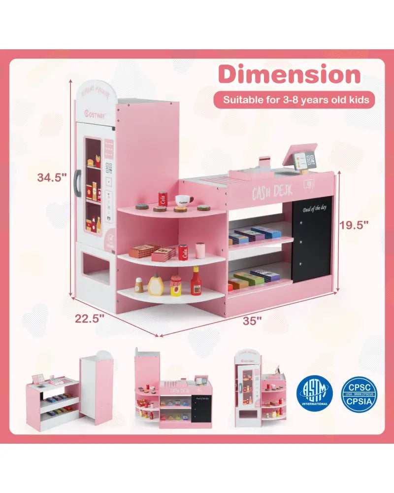 Kids Grocery Store Playset with Cash Register POS Machine-Pink - Pink - Play Kitchen Sets