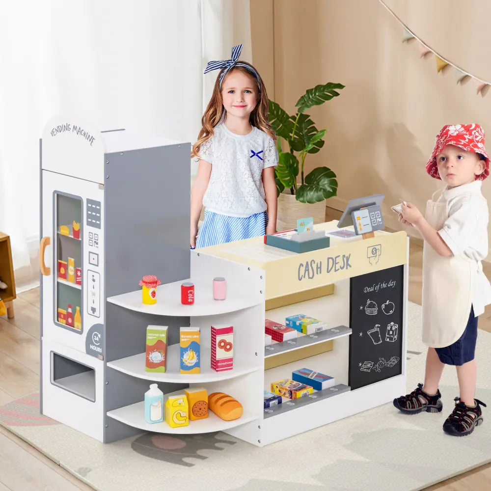Kids Grocery Store Playset with Cash Register POS Machine-White - White - Play Kitchen Sets