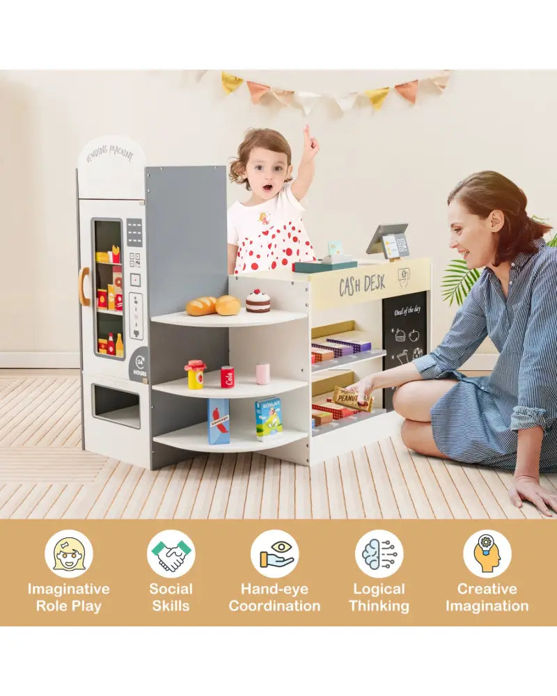 Kids Grocery Store Playset with Cash Register POS Machine-White - White - Play Kitchen Sets
