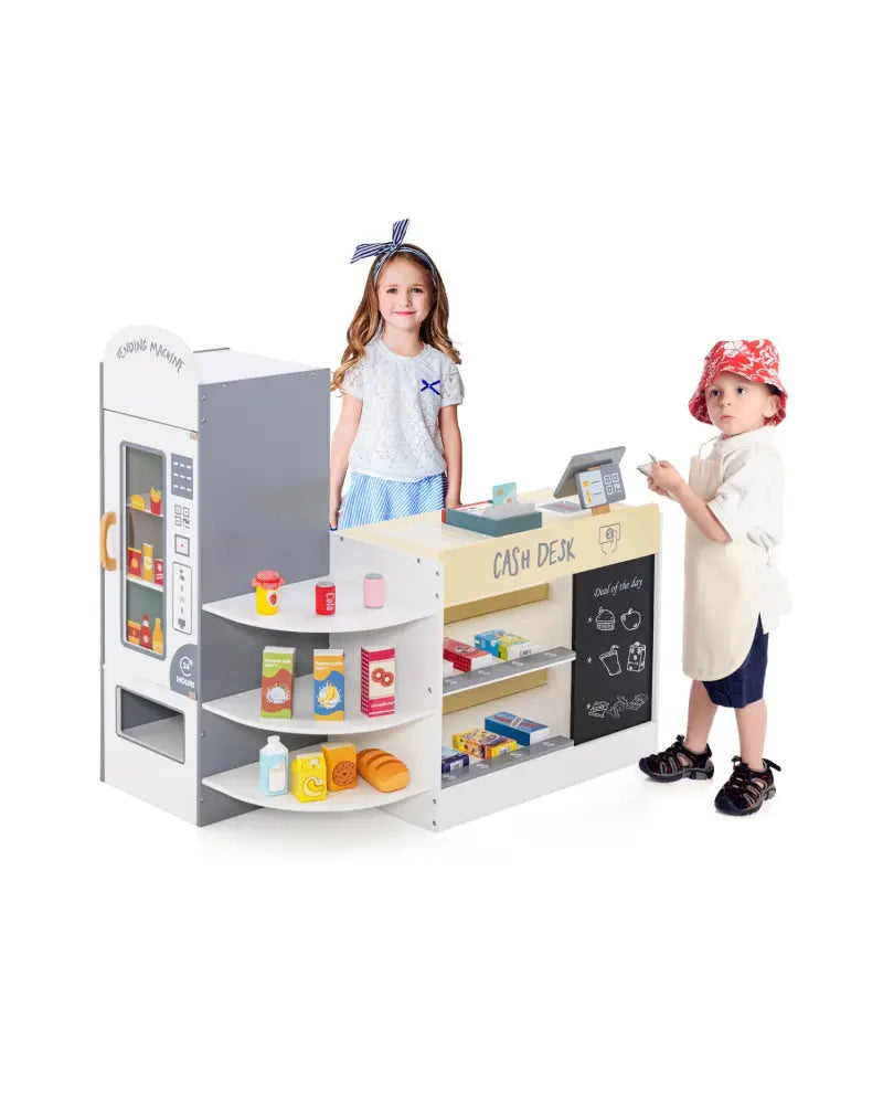 Kids Grocery Store Playset with Cash Register POS Machine-White - White - Play Kitchen Sets