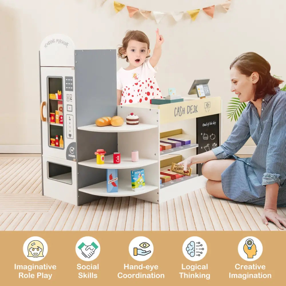 Kids Grocery Store Playset with Cash Register POS Machine-White - White - Play Kitchen Sets