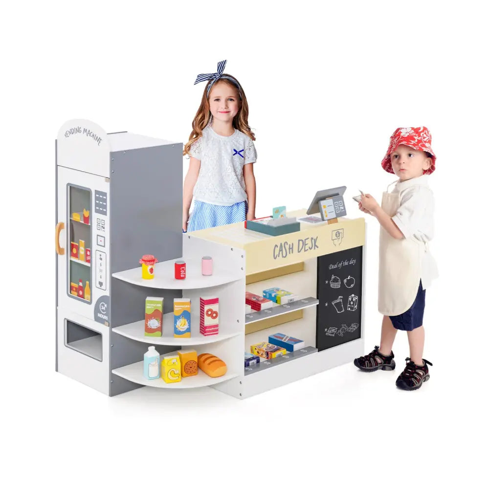 Kids Grocery Store Playset with Cash Register POS Machine-White - White - Play Kitchen Sets