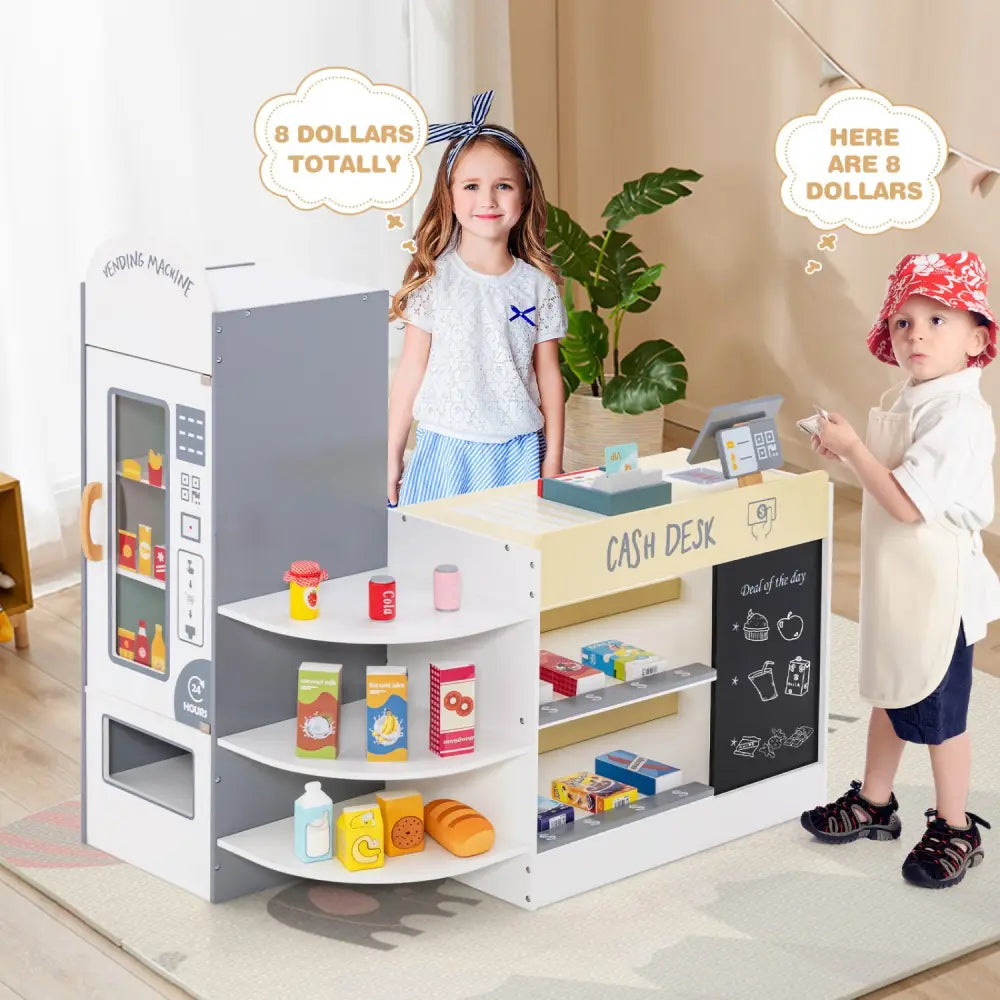 Kids Grocery Store Playset with Cash Register POS Machine-White - White - Play Kitchen Sets