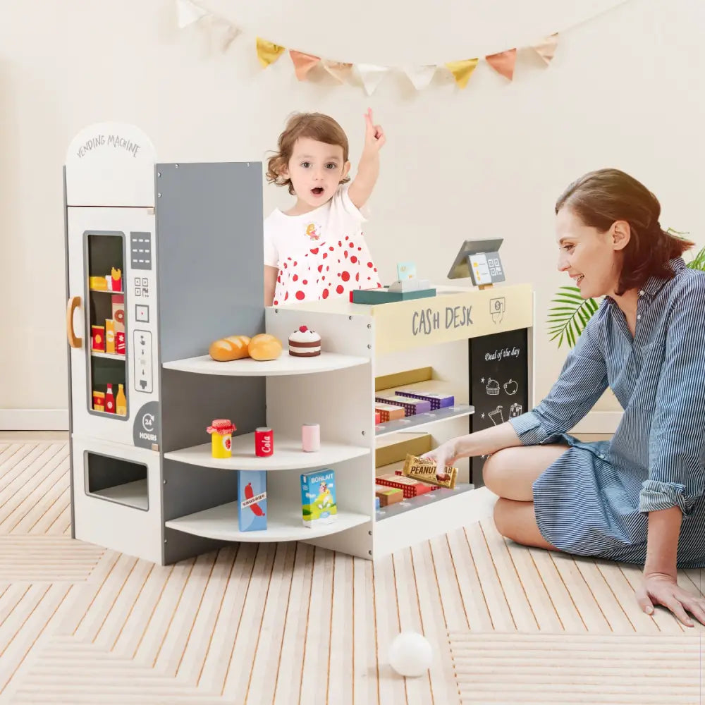 Kids Grocery Store Playset with Cash Register POS Machine-White - White - Play Kitchen Sets