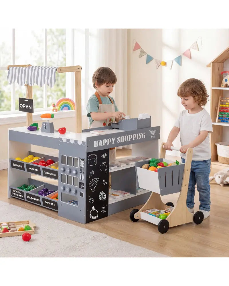 Kids Grocery Store Playset Wooden Pretend Play Supermarket with Shopping Cart-Gray - Gray - Play Tents & Playhouse