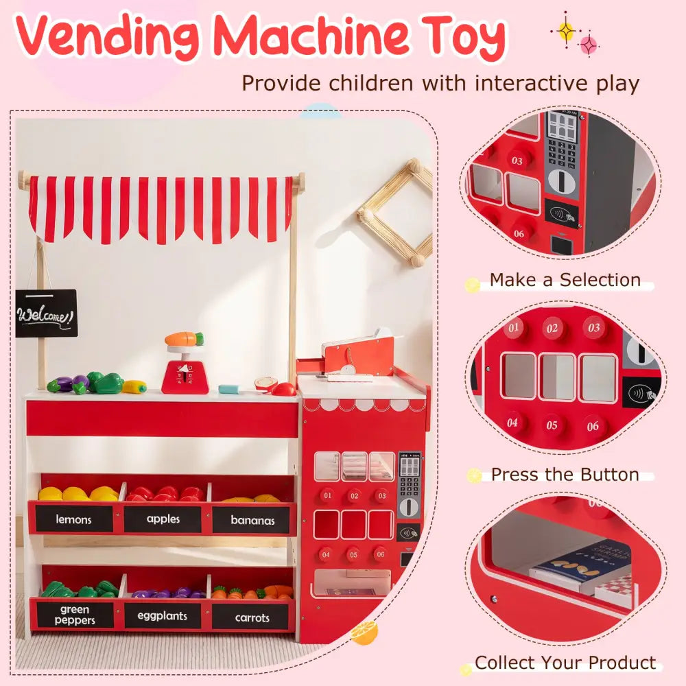 Kids Grocery Store Playset Wooden Pretend Play Supermarket with Shopping Cart-Red - Red - Play Tents & Playhouse