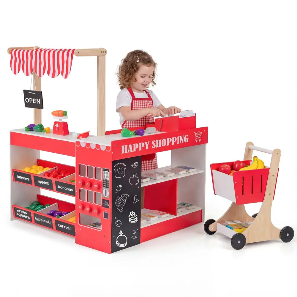 Kids Grocery Store Playset Wooden Pretend Play Supermarket with Shopping Cart-Red - Red - Play Tents & Playhouse