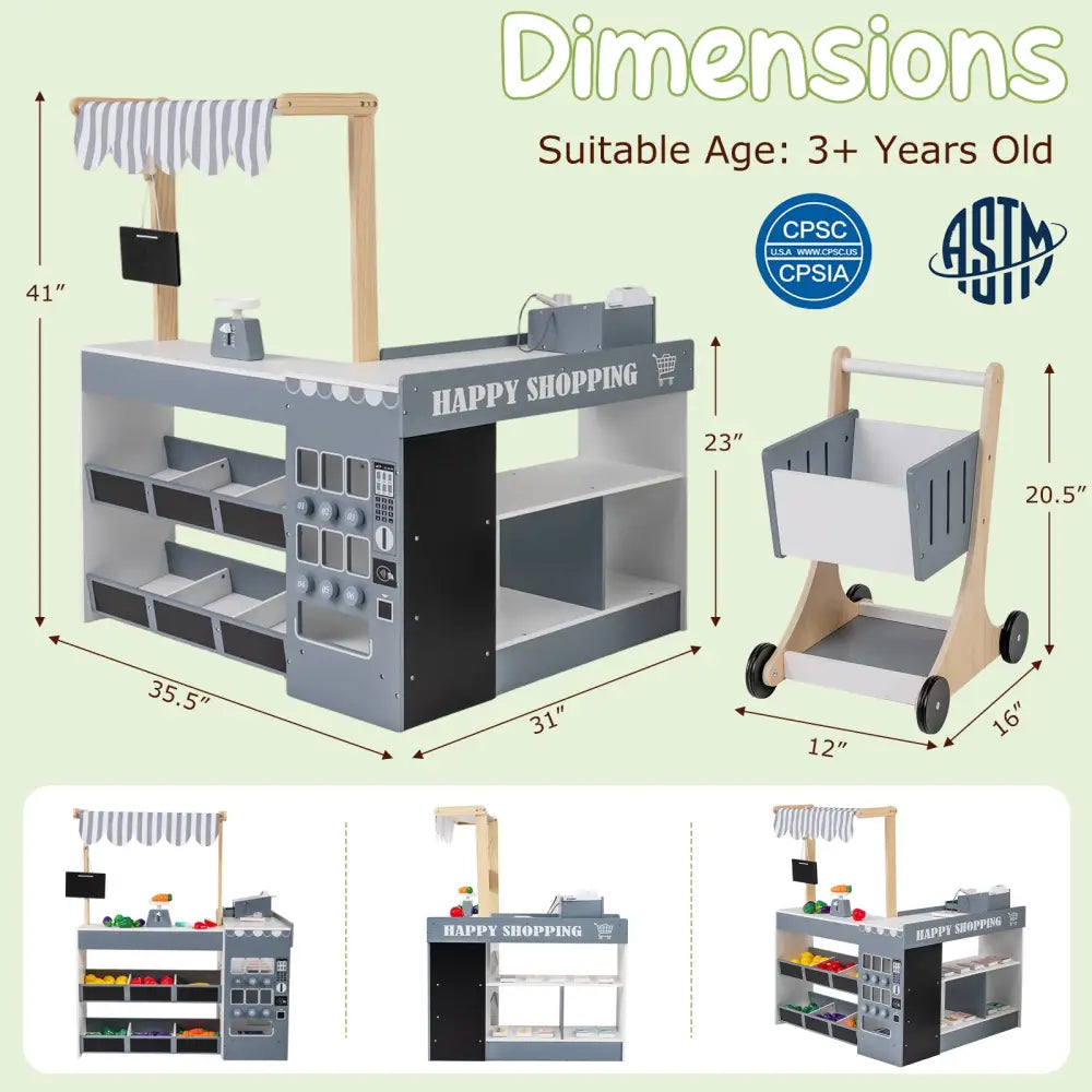 Kids Grocery Store Playset Wooden Pretend Play Supermarket with Shopping Cart-Gray - Gray - Play Tents & Playhouse