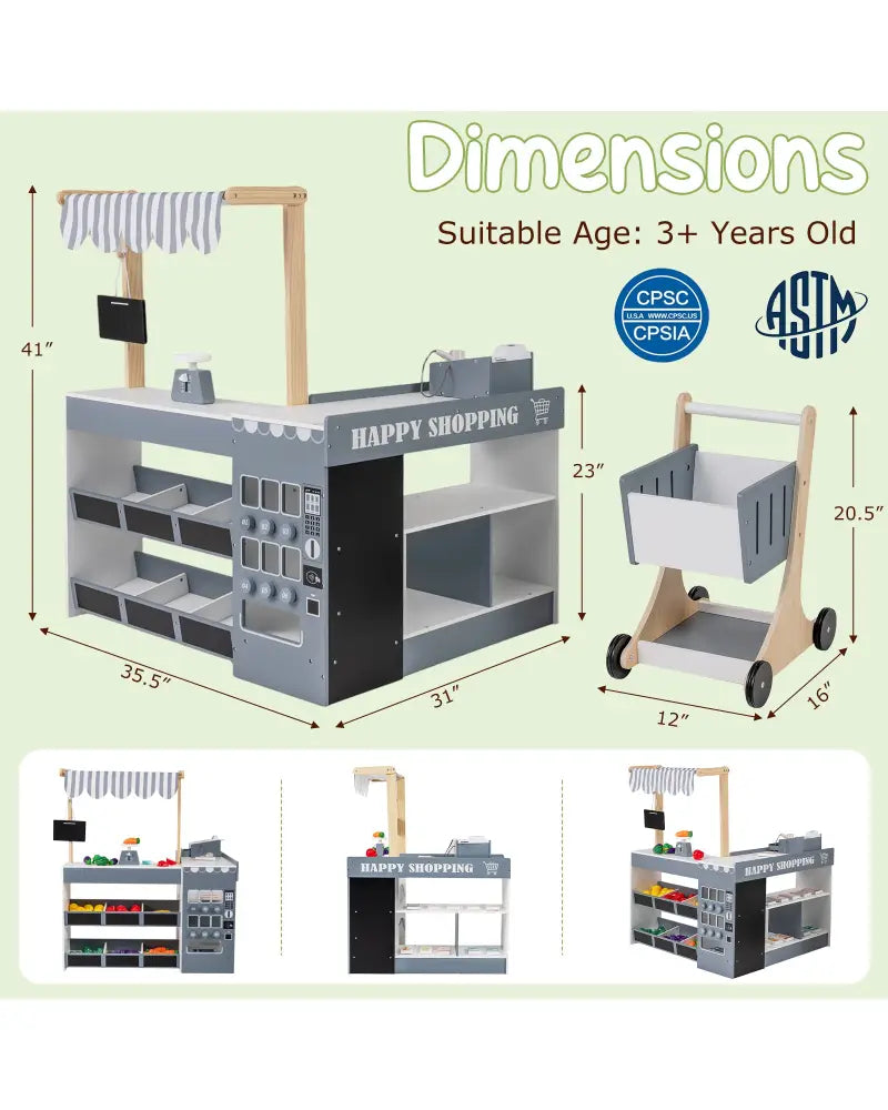 Kids Grocery Store Playset Wooden Pretend Play Supermarket with Shopping Cart-Gray - Gray - Play Tents & Playhouse