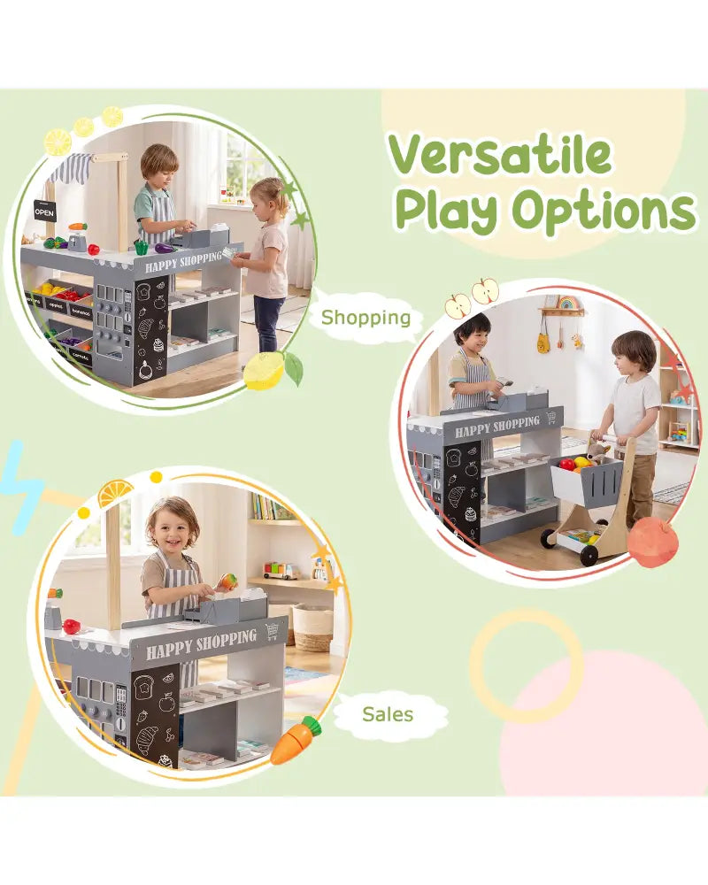 Kids Grocery Store Playset Wooden Pretend Play Supermarket with Shopping Cart-Gray - Gray - Play Tents & Playhouse