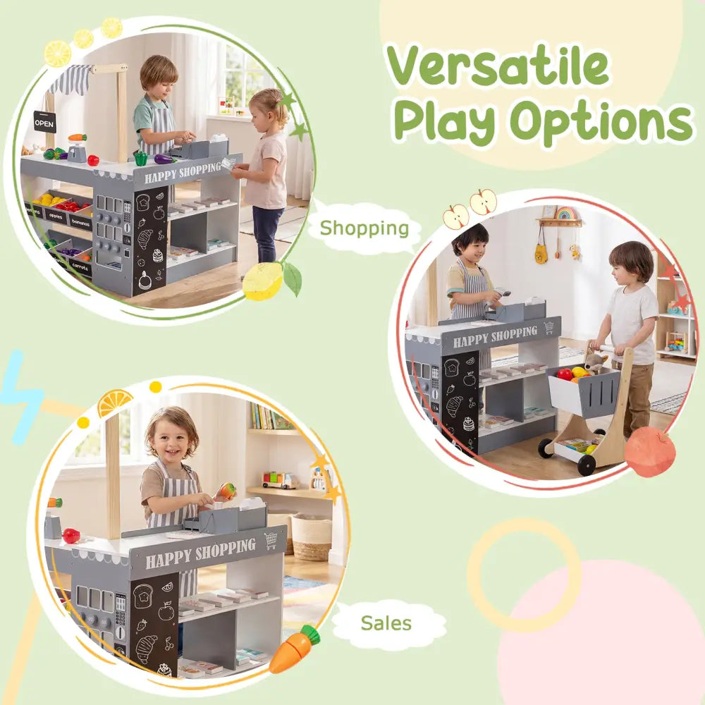 Kids Grocery Store Playset Wooden Pretend Play Supermarket with Shopping Cart-Gray - Gray - Play Tents & Playhouse
