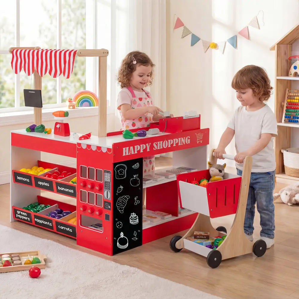 Kids Grocery Store Playset Wooden Pretend Play Supermarket with Shopping Cart-Red - Red - Play Tents & Playhouse