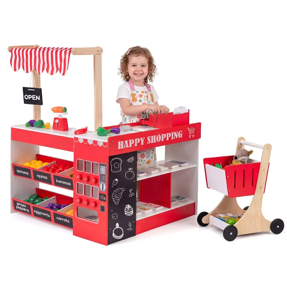 Kids Grocery Store Playset Wooden Pretend Play Supermarket with Shopping Cart-Red - Red - Play Tents & Playhouse