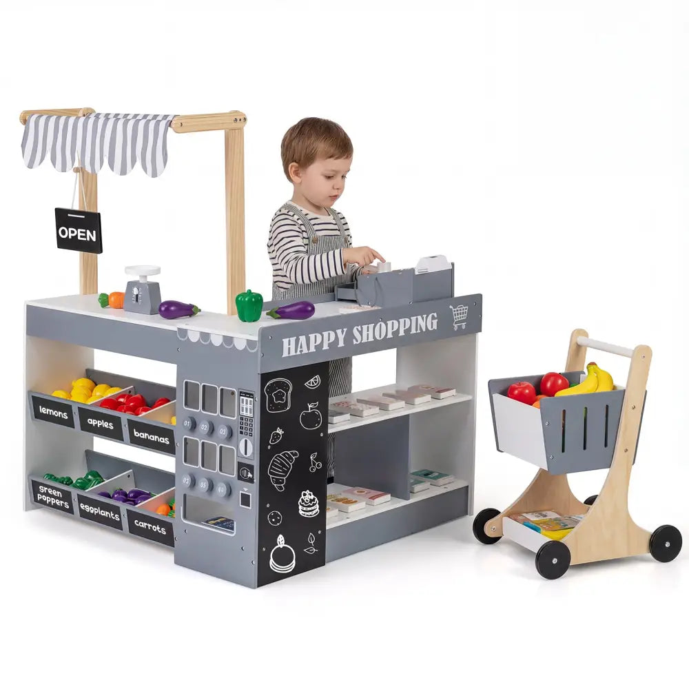 Kids Grocery Store Playset Wooden Pretend Play Supermarket with Shopping Cart-Gray - Gray - Play Tents & Playhouse