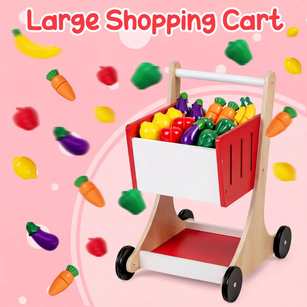 Kids Grocery Store Playset Wooden Pretend Play Supermarket with Shopping Cart-Red - Red - Play Tents & Playhouse