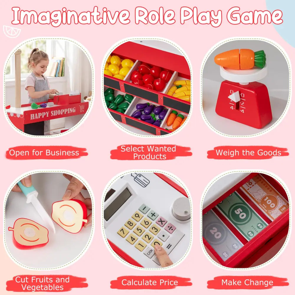 Kids Grocery Store Playset Wooden Pretend Play Supermarket with Shopping Cart-Red - Red - Play Tents & Playhouse