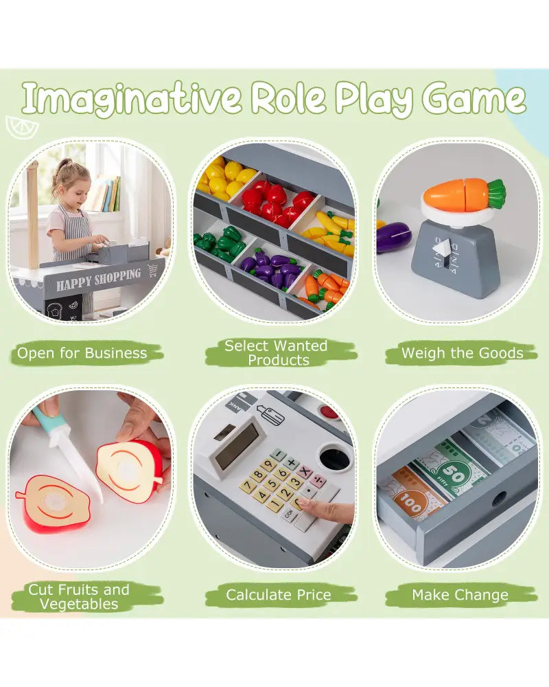 Kids Grocery Store Playset Wooden Pretend Play Supermarket with Shopping Cart-Gray - Gray - Play Tents & Playhouse