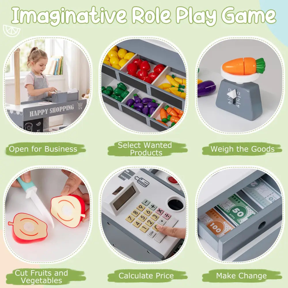 Kids Grocery Store Playset Wooden Pretend Play Supermarket with Shopping Cart-Gray - Gray - Play Tents & Playhouse
