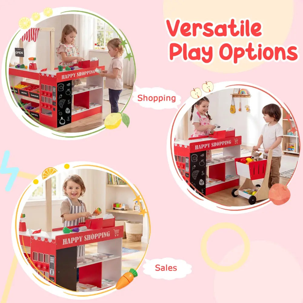 Kids Grocery Store Playset Wooden Pretend Play Supermarket with Shopping Cart-Red - Red - Play Tents & Playhouse