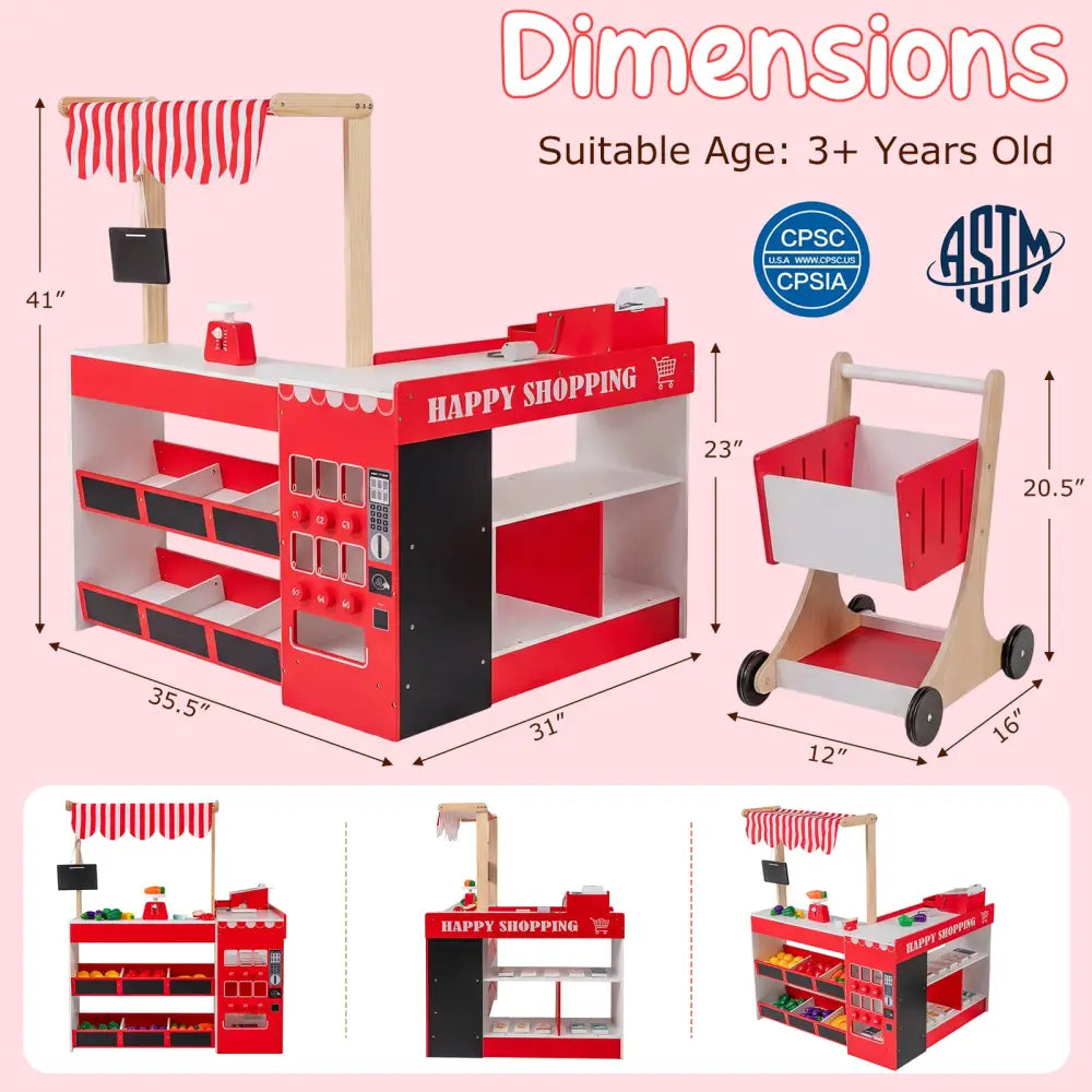 Kids Grocery Store Playset Wooden Pretend Play Supermarket with Shopping Cart-Red - Red - Play Tents & Playhouse
