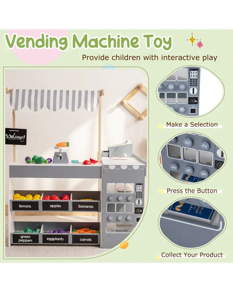 Kids Grocery Store Playset Wooden Pretend Play Supermarket with Shopping Cart-Gray - Gray - Play Tents & Playhouse