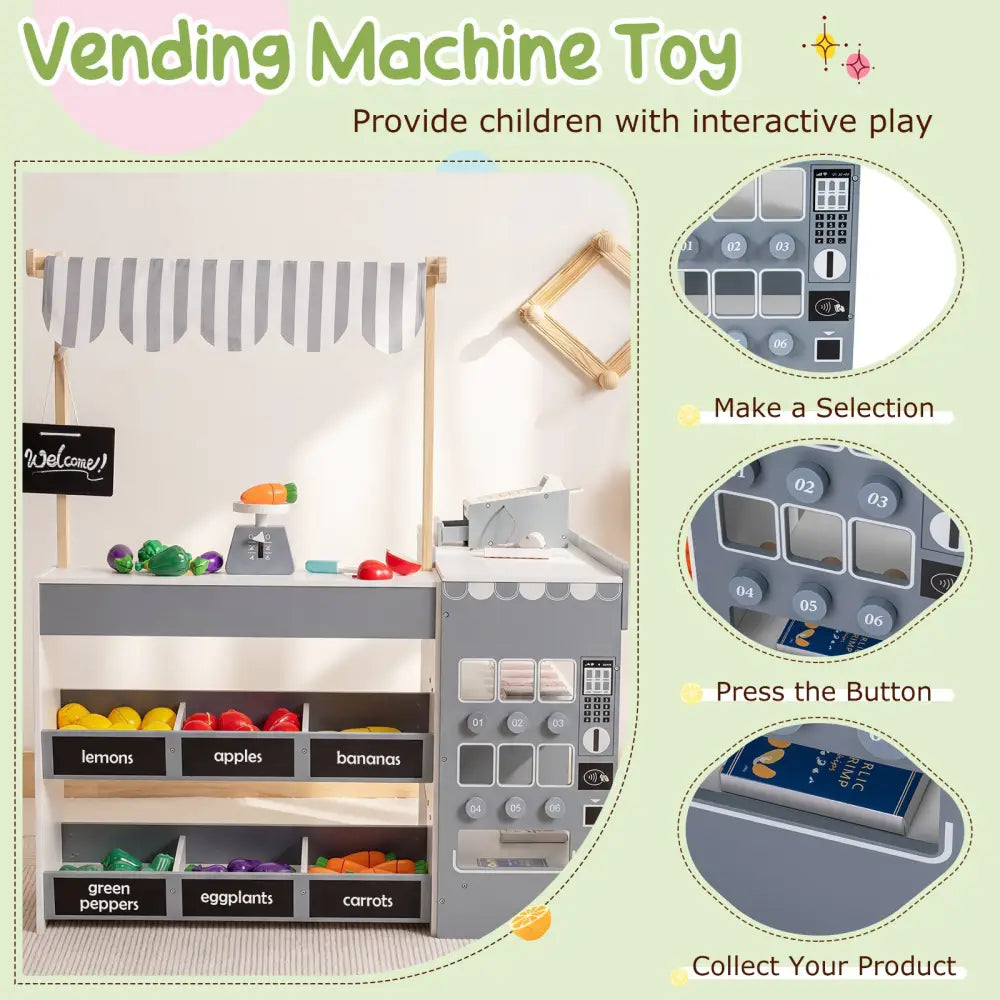 Kids Grocery Store Playset Wooden Pretend Play Supermarket with Shopping Cart-Gray - Gray - Play Tents & Playhouse