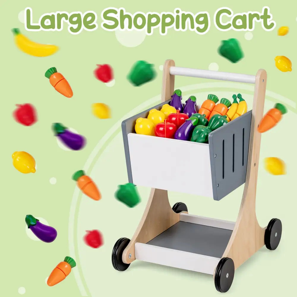 Kids Grocery Store Playset Wooden Pretend Play Supermarket with Shopping Cart-Gray - Gray - Play Tents & Playhouse