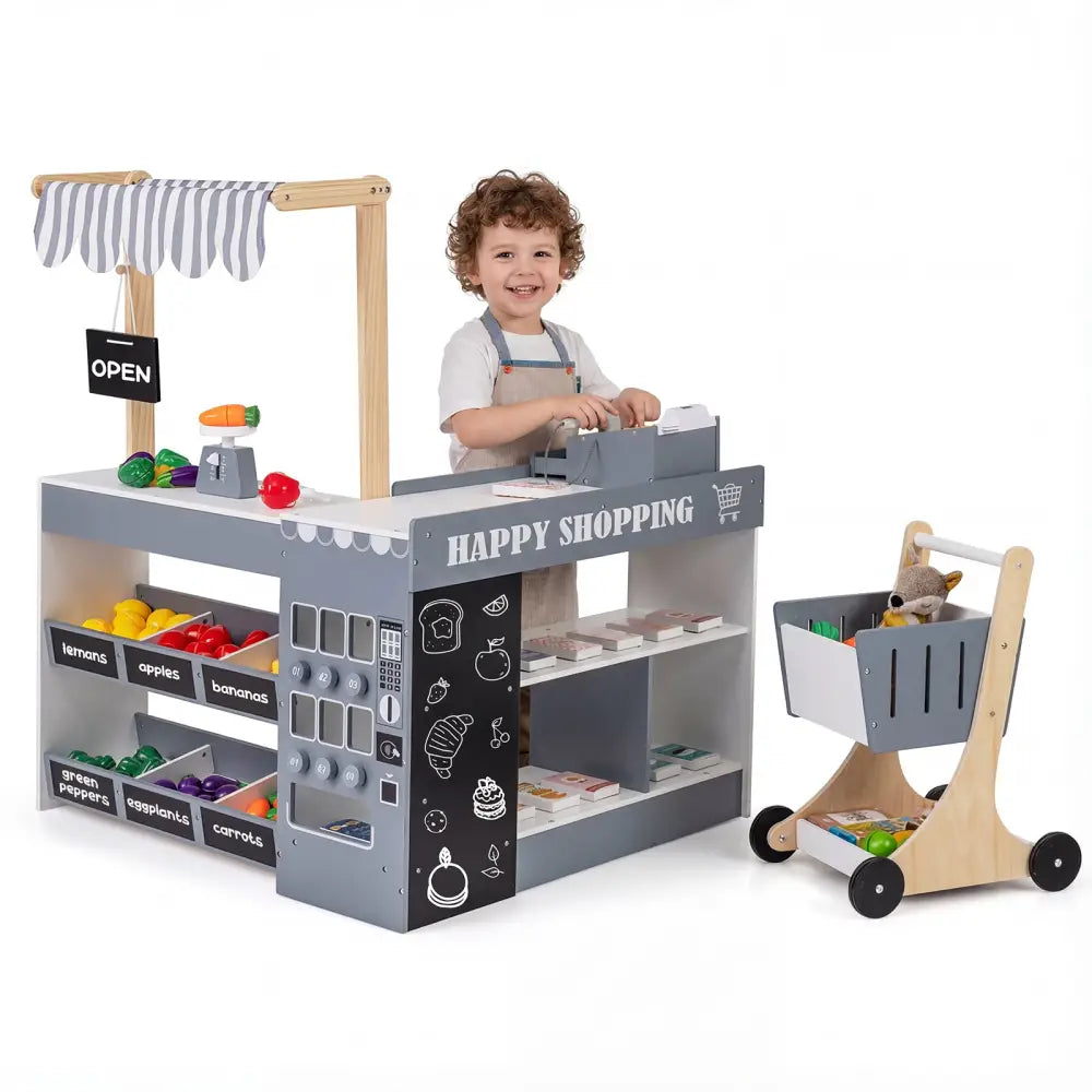 Kids Grocery Store Playset Wooden Pretend Play Supermarket with Shopping Cart-Gray - Gray - Play Tents & Playhouse