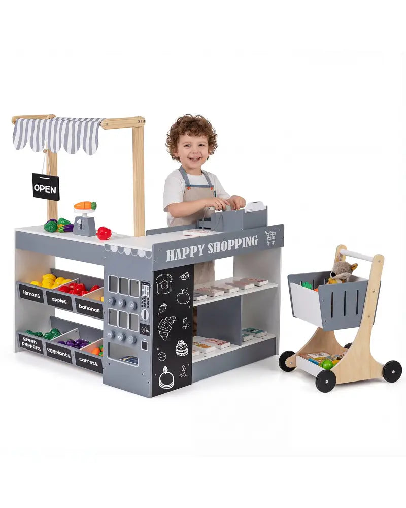 Kids Grocery Store Playset Wooden Pretend Play Supermarket with Shopping Cart-Gray - Gray - Play Tents & Playhouse