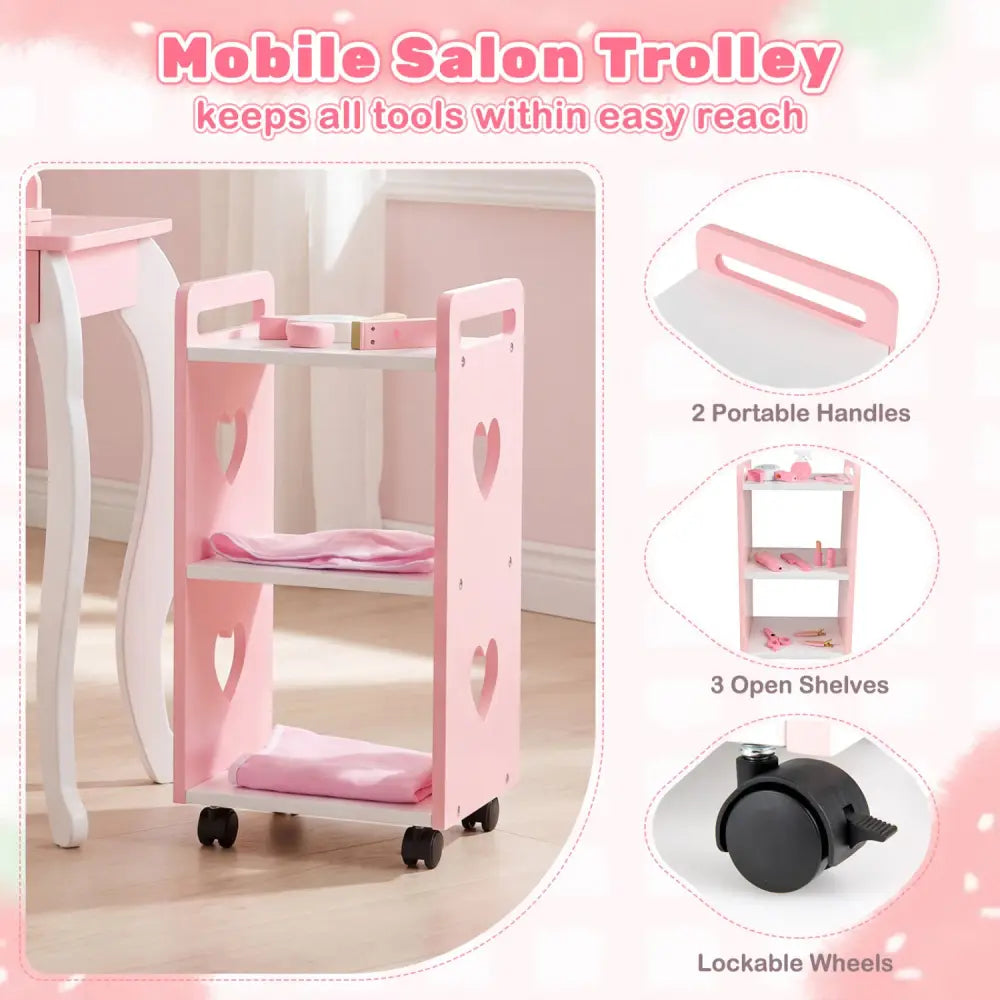 Kids Hair Salon Play Set with LED Lighted Mirror Wooden Pretend Hair Salon Station with Swivel Barber Chair-Pink - Pink