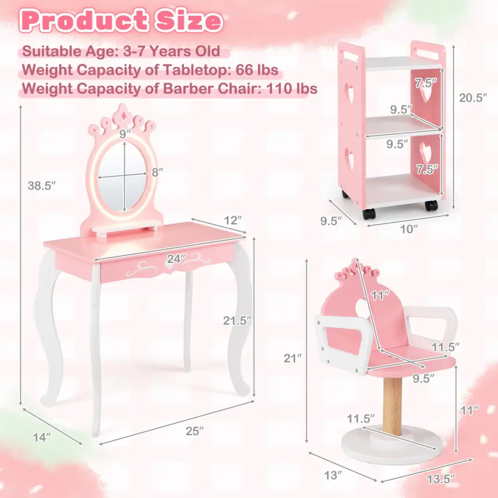 Kids Hair Salon Play Set with LED Lighted Mirror Wooden Pretend Hair Salon Station with Swivel Barber Chair-Pink - Pink