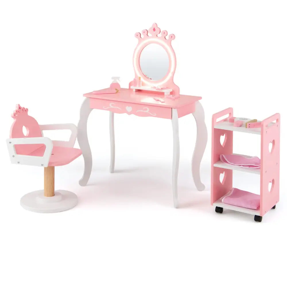 Kids Hair Salon Play Set with LED Lighted Mirror Wooden Pretend Hair Salon Station with Swivel Barber Chair-Pink - Pink