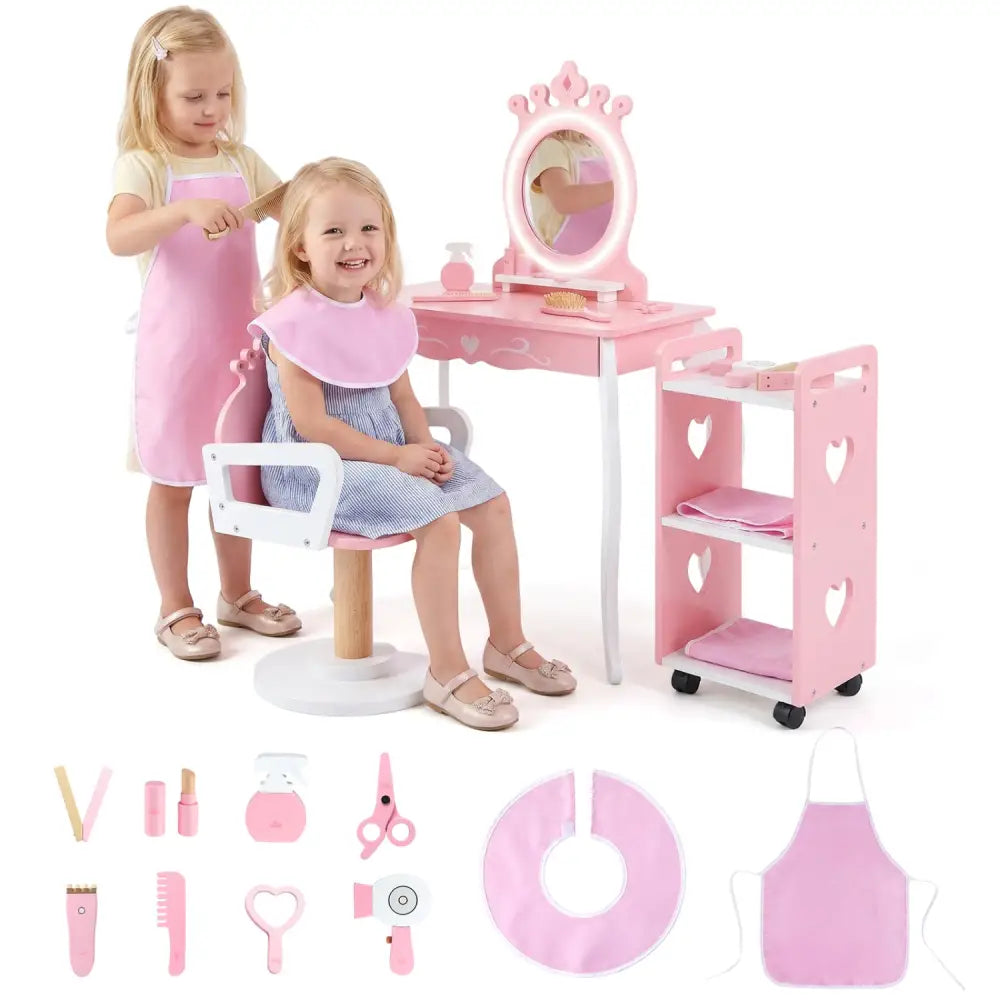 Kids Hair Salon Play Set with LED Lighted Mirror Wooden Pretend Hair Salon Station with Swivel Barber Chair-Pink - Pink